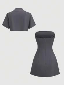 Sweetra 法式设计短款西装套装，性感无肩带连衣裙女装 - 淺灰色 - 查看 2