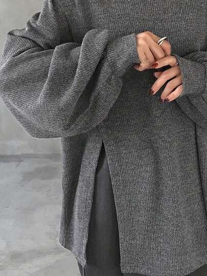 FRIFUL Women's Casual Solid Color Side Slit Long Sleeve T-Shirt