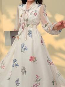 DAZY 女士优雅印花中长连衣裙，系领设计，春夏婚礼宾客礼服 - 米色 - 查看 8