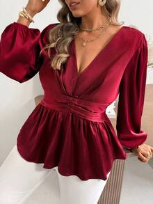 Vionelle 大码女装春夏法式浪漫西西里优雅休闲通勤波西米亚风度假下午茶酒红色缎面绉纱褶皱腰部荷叶边松紧腰喇叭长袖衬衫 - 酒紅色 - 查看 5