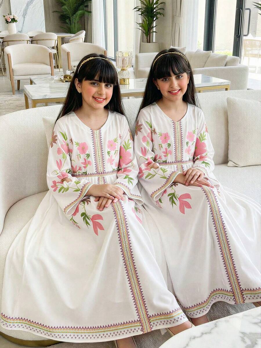 1pc Girls' Elegant Modest White And Pink Dress With Middle Eastern Details - White - View 1