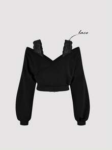 SHEIN MOD Plus Size Women's Solid Color Contrast Lace Off-Shoulder Long Sleeve Sweatshirt - Black - View 1