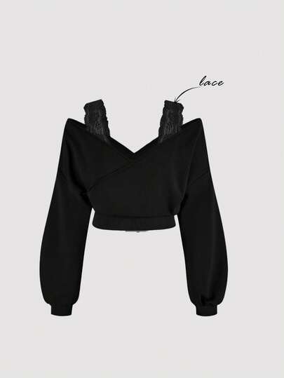 SHEIN MOD Áo nỉ dài tay trễ vai phối ren tương phản màu trơn dành cho nữ cỡ lớn