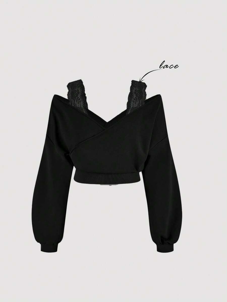 SHEIN MOD Plus Size Women's Solid Color Contrast Lace Off-Shoulder Long Sleeve Sweatshirt - Black - View 1