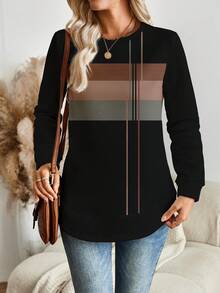 Áo sweatshirt dài tay cổ tròn kẻ sọc màu nâu dáng rộng thoải mái dành cho nữ, thích hợp cho mùa thu/đông. - Nhiều màu - Xem 5