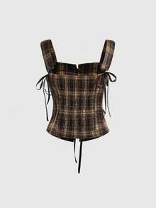 ROMWE Y2K Sexy Plaid Lace-Up Crop Top For Women - Multicolor - View 2