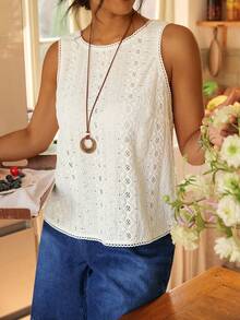 Freevana 波西米亚复古镂空钩编背心，奶油白色露背蝴蝶结无袖上衣，夏季宽松休闲小众设计上衣 - 杏色 - 查看 7