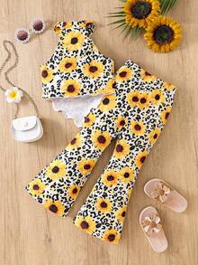 SHEIN 两件套女童针织豹纹花卉图案无袖不对称下摆上衣和喇叭裤套装 - 彩色 - 查看 2