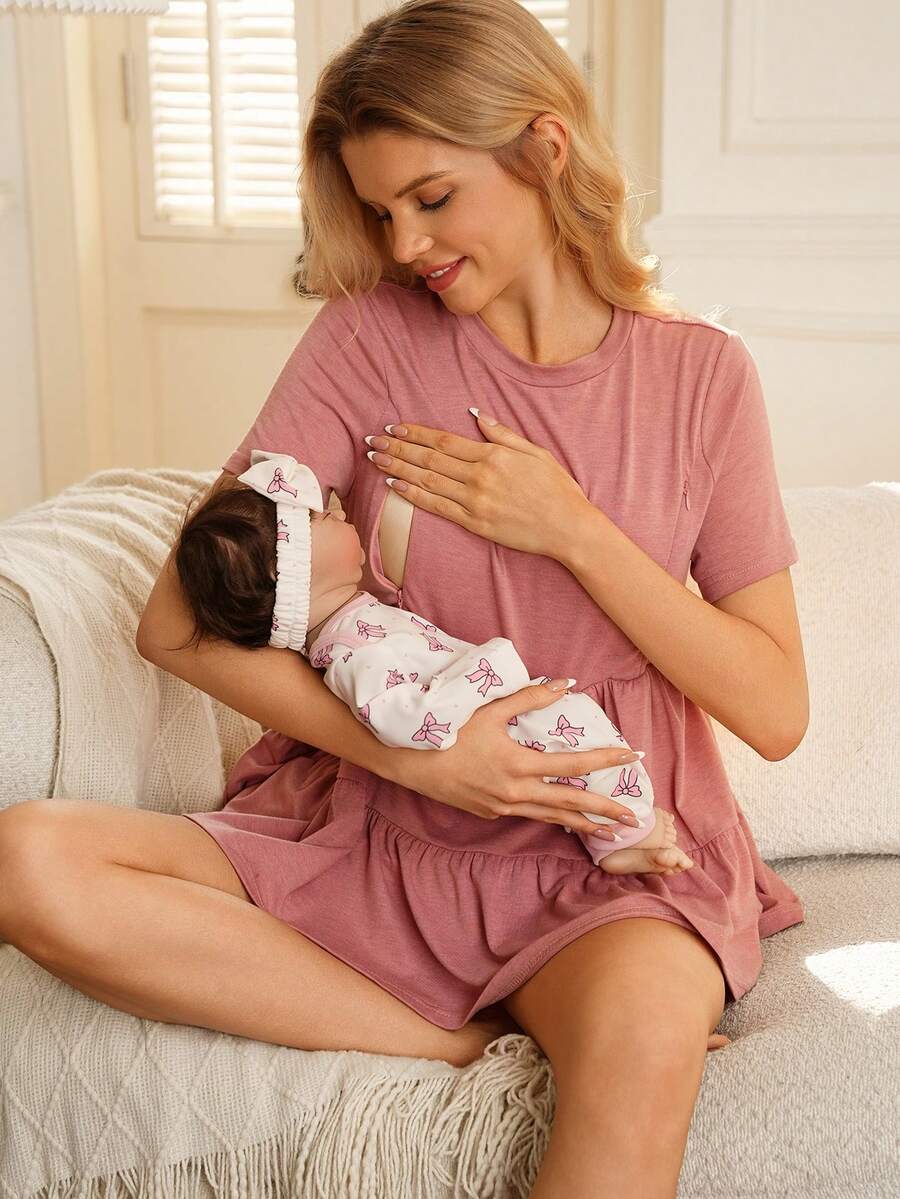 GentleRue Maternity Top casual de cuello redondo con volantes en el bajo, unicolor, para maternidad y lactancia, verano - Rosa vieja - Ver 1