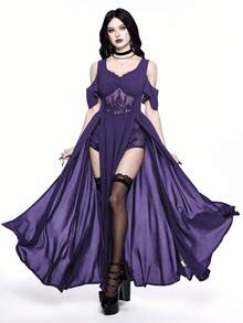 ROMWE Goth Vestido de mujer con escote en V profundo, hombros descubiertos, abertura alta y bordado estilo gótico - Morado - Ver 8