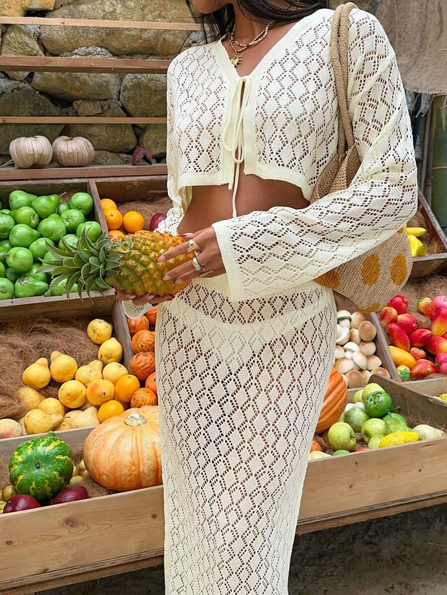 Sunnyshic Women's Sexy Hollow Floral Pattern Long Sleeve Cardigan And Hollow Maxi Skirt Knit Sweater 2-Piece Set, Spring/Summer - Yellow - View 1