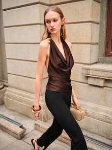 Lumivelle Women's Brown And Gold Halter Neck Draped Top,Backless Slim Fit Camisole,Elegant Summer Date Night Party Top,Minimalist Sleeveless Valentine's Day - Brown - View 5