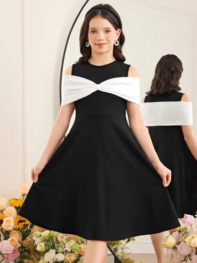 SHEIN Tween Girl Elegant Patchwork Contrast Color Bow Decor Dress