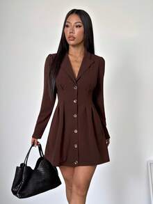 SHEIN PETITE 优雅长袖西装裙，棕色收腰女士迷你连衣裙，春夏款 - 棕色 - 查看 10
