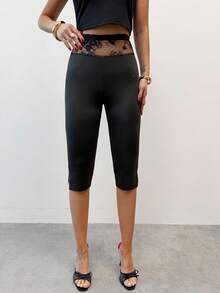 Firerie 女士优雅简约日常休闲紧身打底裤，黑色腰带饰以蕾丝拼接，裤脚开衩至七分裤长，适合户外活动、度假和海滩穿着。 - 黑色 - 查看 10