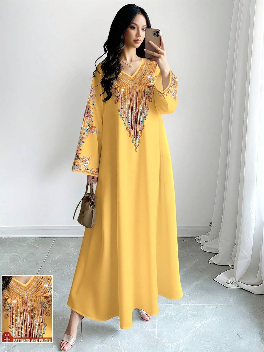 SHEIN Najma Women's Polka Dot Print V-Neck Long Sleeve Elegant Dress, Spring/Summer - Multicolor - View 1