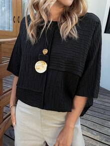 Vivie Lora Women's Solid Color Loose Fit Round Neck Patchwork T-Shirt, Short Sleeve Summer - Black - View 5