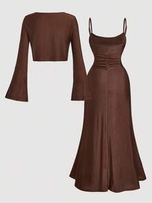 SHEIN MOD 2 件套大码女式咖啡棕色开衫和中长连衣裙