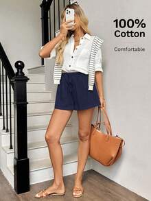 SHEIN LUNE Damen Baumwolle Shorts mit elastischem Bund, geeignet für tägliche Lässig und Retro-Stil, Sommer Shorts für Frauen, Strandshorts für Damen - marineblau - Übersicht 4