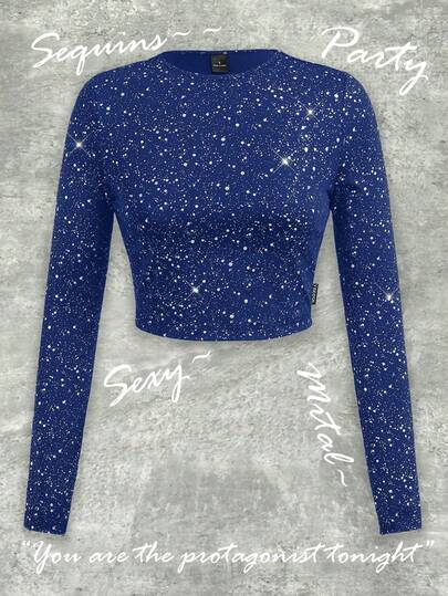 Y2Kool Women's Metallic Silver Foil Polka Dot Print Fitted Long Sleeve T-Shirt, Suitable For Parties, Halloween, Y2K Streetwear, Autumn/Winter Casual Stylish Clothing Collection New Year Outfits Gyaru Graphic Tops Black Tops