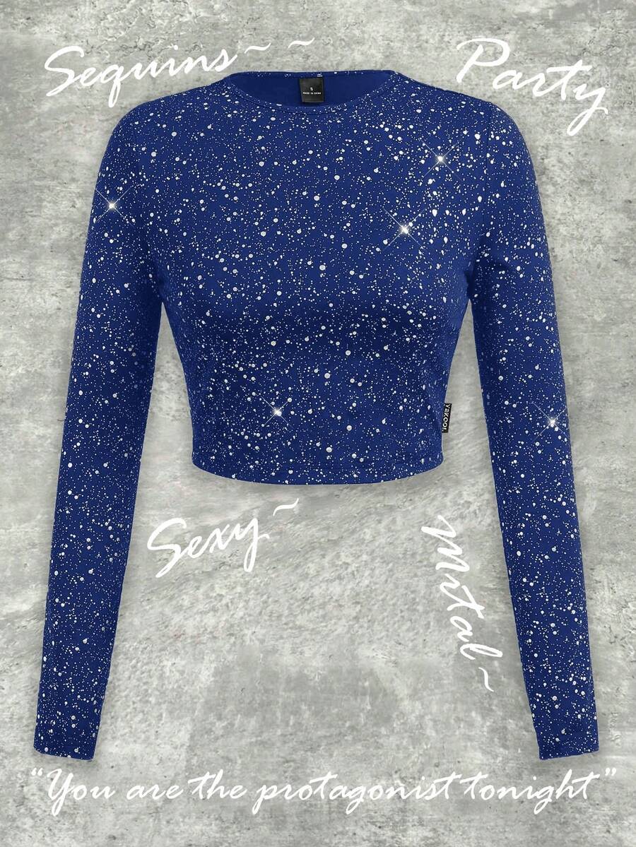 Y2Kool 女士金属银箔波点印花修身长袖T恤，适合派对、万圣节、Y2K街头风、秋冬休闲时尚服饰系列、新年装扮、辣妹风印花上衣、黑色上衣 - 藍色 - 查看 1