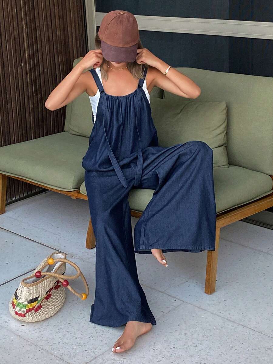 DAZY Women's Loose Long Urban Casual Denim Bib Pants And Jumpsuit - Dark Wash - View 1