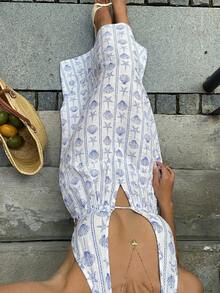 Sunnyshic Women's Blue Bamboo Knot Seashell & Starfish Print Deep V Neck Backless A-Line Maxi Dress, Elegant Minimalist Bohemian Style For Spring/Summer Vacation, Beach, Date, Everyday Wear - Blue - View 1