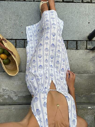 Sunnyshic 女士蓝色竹节结贝壳海星印花深V领露背A字长裙，优雅简约波西米亚风，适合春夏度假、海滩、约会、日常穿着