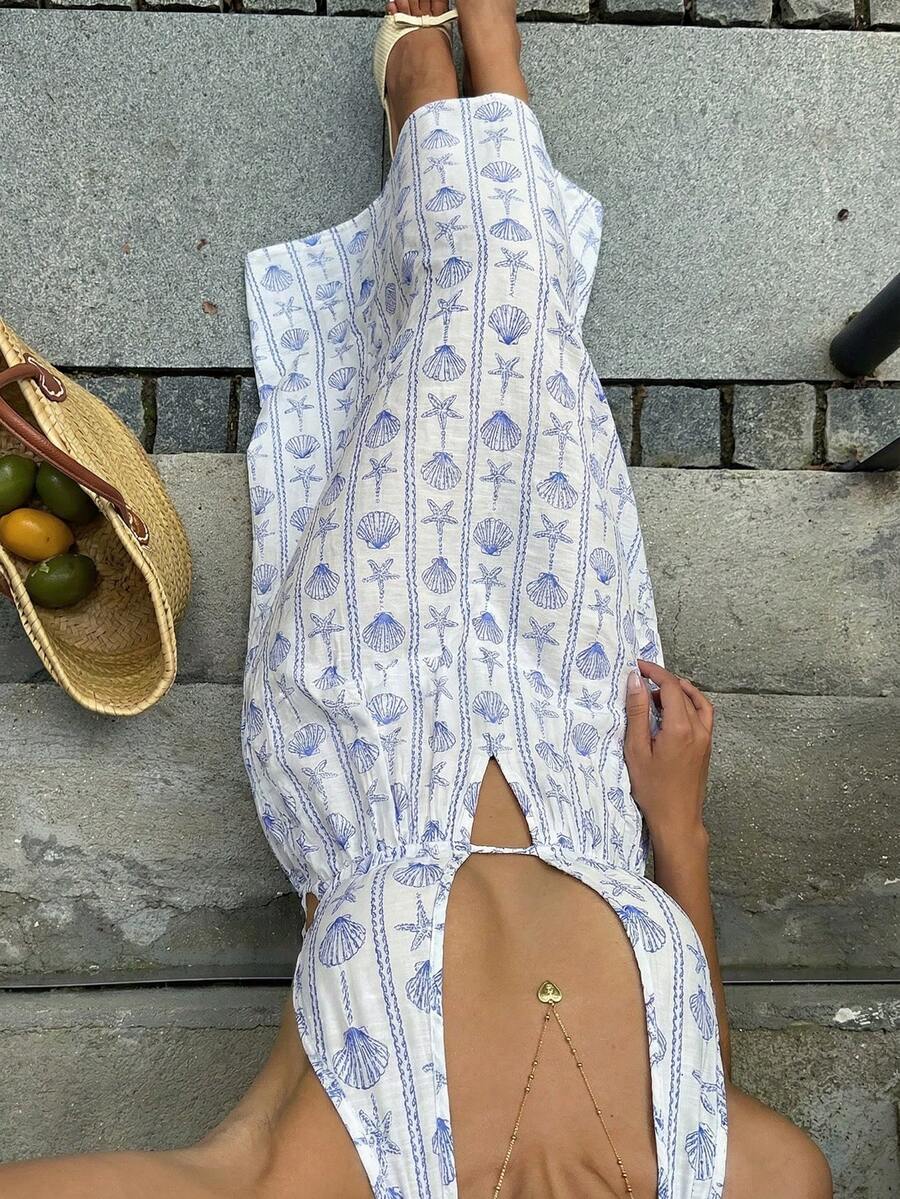 Sunnyshic Women's Blue Bamboo Knot Seashell & Starfish Print Deep V Neck Backless A-Line Maxi Dress, Elegant Minimalist Bohemian Style For Spring/Summer Vacation, Beach, Date, Everyday Wear - Blue - View 1