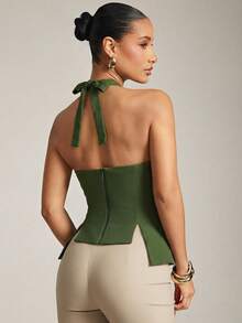 Hauture Women's Scoop Sexy Neck Office Casual Fitted Stretch Top With Adjustable Back Tie - Army Green - View 2