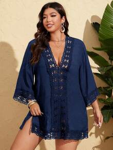 Swim Lushoire 大码女式镂空蕾丝拼接深V领休闲度假罩衫 - 藏蓝色 - 查看 3