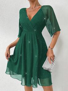 Rafferiza Mesh Embossed Ruffle Sleeve Waist Cinched Mini Dress - Green - View 4