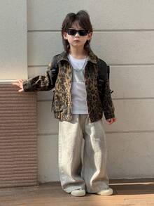 DAZY 男童豹纹拉链休闲牛仔外套 - 棕色 - 查看 3