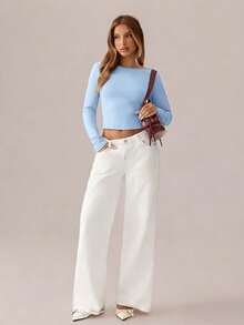 SHEIN SXY Black Top;Women's Sexy Contrasting Lace-Up Backless Slim-Fit T-Shirt; Women's Round Neck Long-Sleeved Solid Black Slim-Fit Bow Top, Suitable For Dating, Young And Sexy, Daily Outing, Autumn Clothing, Daily Dating Travel Wear; Daily Outing Office Wear - Blue - View 4