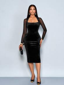 SOLERSUN Autumn And Winter Women's Wear Daily Commuter Elegant Velvet Mesh Splicing Black Velvet Knit Fabric Square Neck Long Sleeves Sexy Fit Bodycon Back Slit Midi Dress - Black - View 7