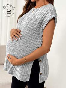 SHEIN Maternity Casual Minimalist Side Button Rib Knit Tank Top, Summer - Grey - View 1