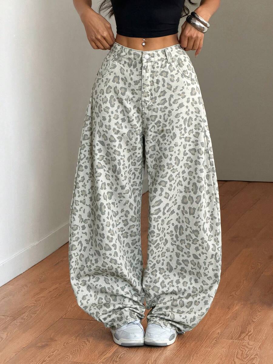 Muchica Women's Leopard Print Pocket Loose Fit Casual Jeans - Multicolor - View 1