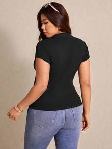 Elaquor 大码女式纯色立领金属纽扣休闲度假日常短袖T恤，罗纹针织T恤，大码短袖上衣，纯色上衣，春季女式上衣 - 黑色 - 查看 2