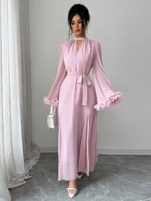Yasmyna V-Neck Floral Lace Flare Sleeve Midi Dress For Women - Pink - View 6
