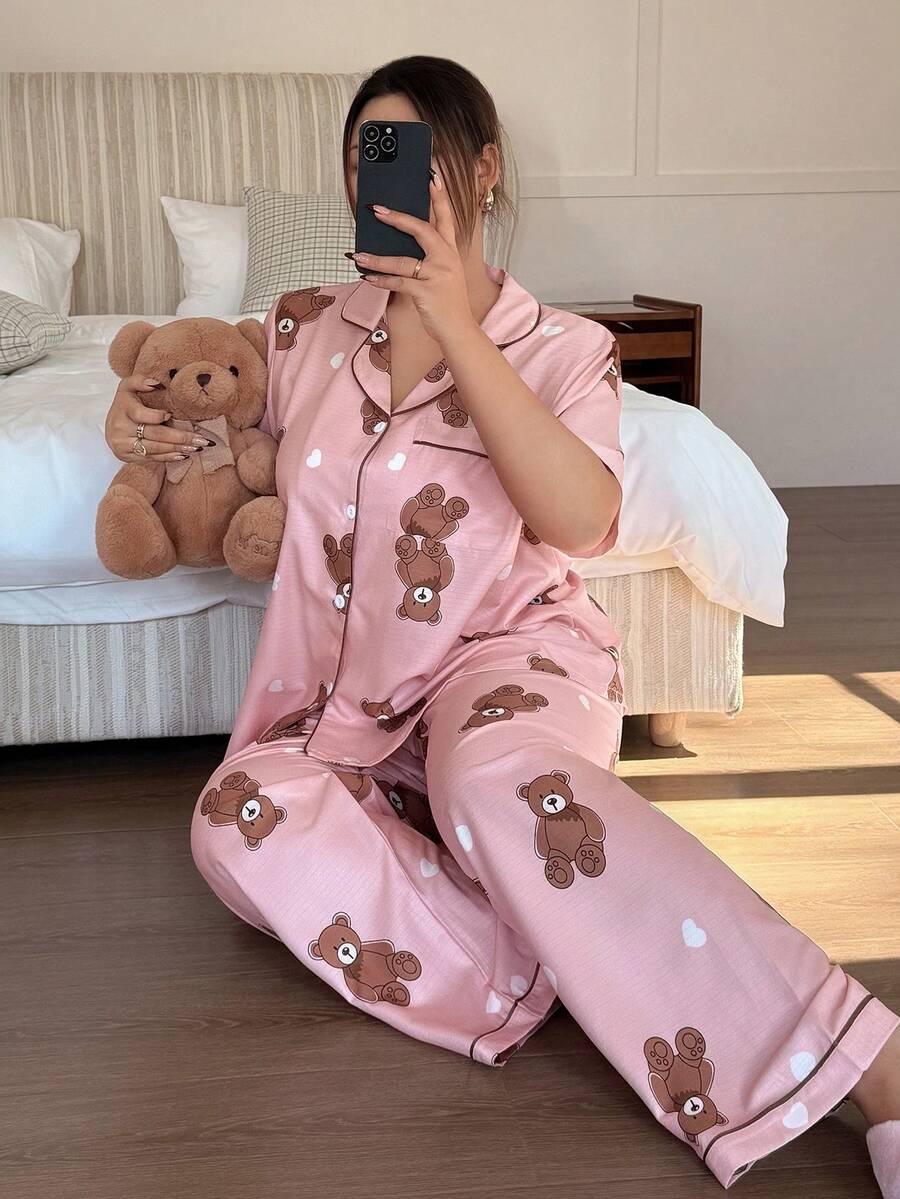 Dream Adore Conjunto de pijama de cárdigan con volantes y estampado de corazones y osos para mujer de talla grande - Rosa - Ver 1
