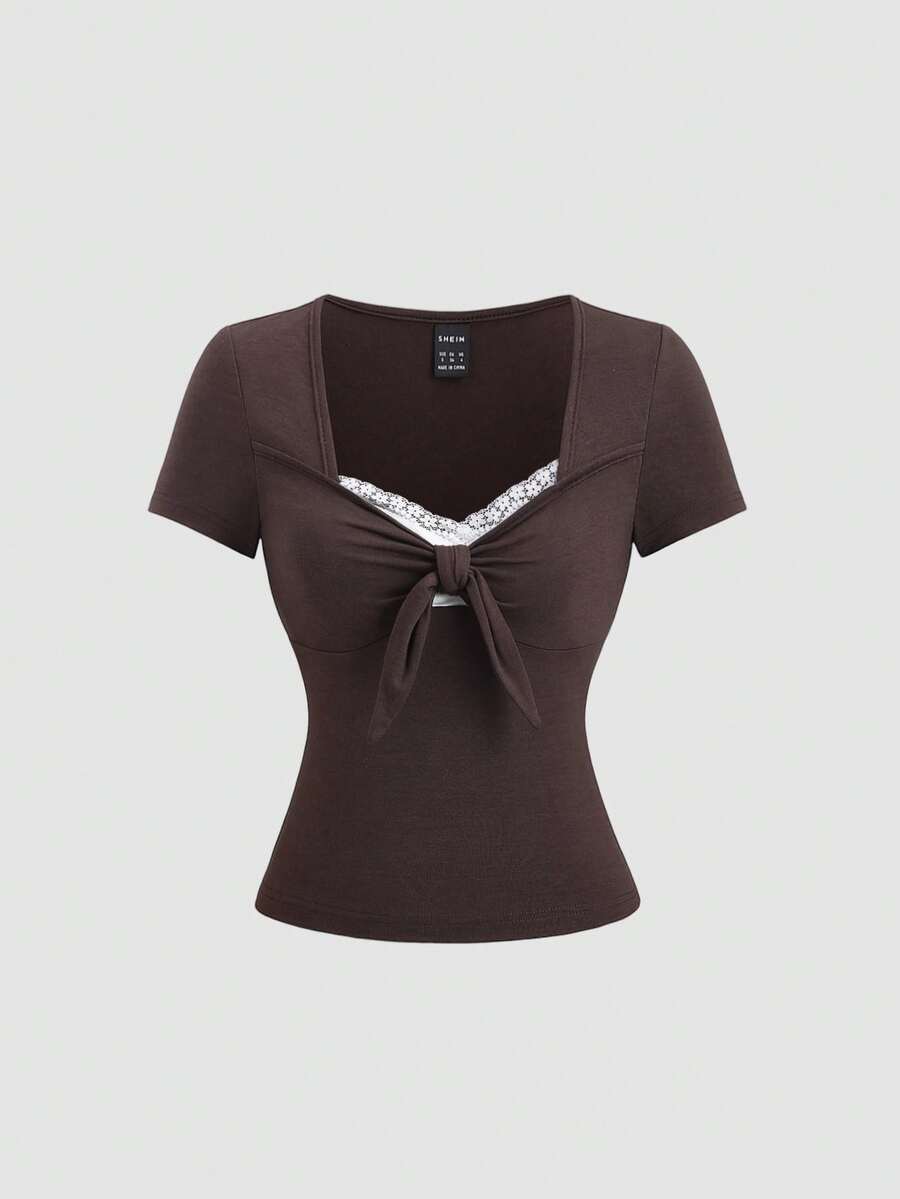 Sweetra Bohemian Style Brown Sweet Collar Ruffle Tie Front Short Sleeve Casual Retro T-Shirt For Women, Spring/Summer - Brown - View 1