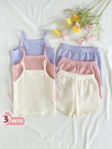 SHEIN Vintaside Kids Baby Girls' Comfortable Versatile Sweet Cute Strap Shorts Set, Multi-Piece Summer Outfit - Multicolor - View 1