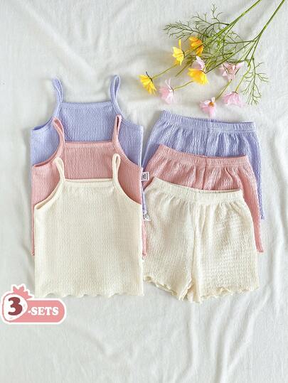 SHEIN Vintaside Kids 女婴舒适百搭甜美可爱吊带短裤套装，多件套夏季服装