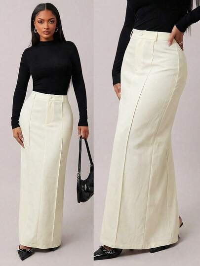 SHEIN SXY חצאית ישרה בגזרה צמודה בצבע משמש במידות גדולות, רטרו-אלגנטית ופשוטה בצבע מישמש, חצאית ארוכה רב-תכליתית בצבע משמש לנסיעות, עבודה, פגישות ומשרד