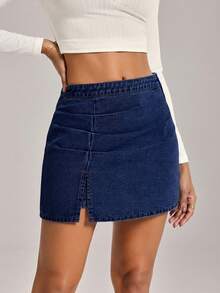 SHEIN Tall Women's Solid Color Draped Slit Casual Denim Skirt - Dark Wash - View 8