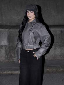 Fashion Zip Up Belted Crop Moto Jacket Fall Winter Cloth For Women - Grey - View 6