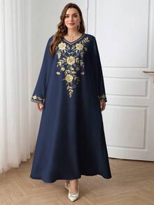 Al Najma 大码女式休闲印花V领长袖阿拉伯风格长裙 - 彩色 - 查看 6