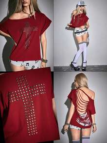 ROMWE Grunge Punk 女士休闲交叉镂空露背无袖上衣，适合约会和外出穿着 - 紅色 - 查看 11