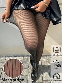 GalTyme 大码条纹性感透视高弹时尚打底裤 - 黑色 - 查看 1