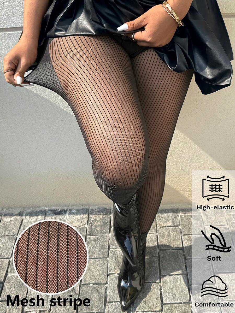 GalTyme 大码条纹性感透视高弹时尚打底裤 - 黑色 - 查看 1